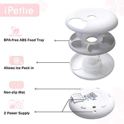 iPettie Donuts 6-Meal Automatic Wet and Dry Food Pet Feeder with Programmable Timer, Auto Dispenser for Cat and Small & Medium Dog, Batteries & USB Power Supply, White