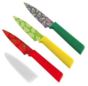 kuhn rikon colori+ non-stick paring knives with safety sheaths, set of 3, 19 cm, funky fruit, stainless steel