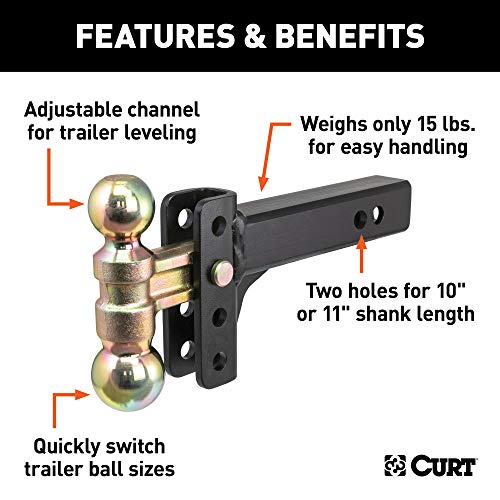 CURT 45903 Slim Adjustable Trailer Hitch Ball Mount, Fits 2-Inch Receiver, 3-3/4-In Drop, 2 or 2-5/16-Inch Balls, 10,000 Pounds, Black