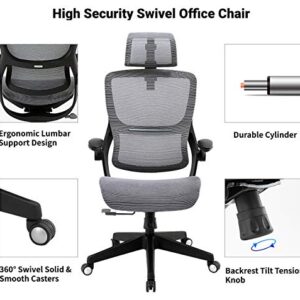 Office Chair Mesh Ergonomic Desk Chair High Back Computer Task Chair Swivel Stool Rolling Home Office Chair with Flip up Arms Adjustable 3D Lumbar Back Support Headrest 300lb