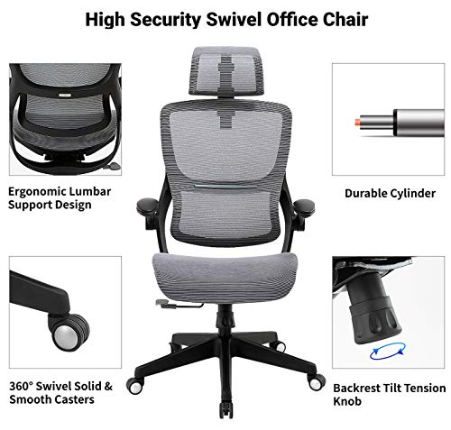 Office Chair Mesh Ergonomic Desk Chair High Back Computer Task Chair Swivel Stool Rolling Home Office Chair with Flip up Arms Adjustable 3D Lumbar Back Support Headrest 300lb