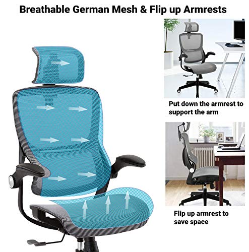 Office Chair Mesh Ergonomic Desk Chair High Back Computer Task Chair Swivel Stool Rolling Home Office Chair with Flip up Arms Adjustable 3D Lumbar Back Support Headrest 300lb