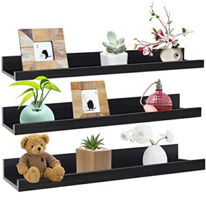 24 inch black wall mounted floating shelves set of 3, picture shelving ledge for kitchen, living room, bedroom, office
