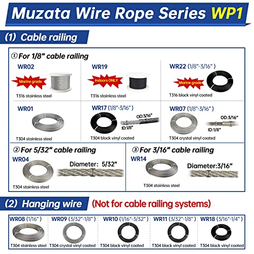 Muzata 165feet Wire Rope Black Vinyl Coated 1/16" Overmolded to 3/32" Stainless Steel Aircraft Cable7x7 Strand String Hanging DIY Outdoor Indoor WR10 WP1