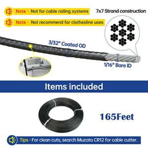 Muzata 165feet Wire Rope Black Vinyl Coated 1/16" Overmolded to 3/32" Stainless Steel Aircraft Cable7x7 Strand String Hanging DIY Outdoor Indoor WR10 WP1