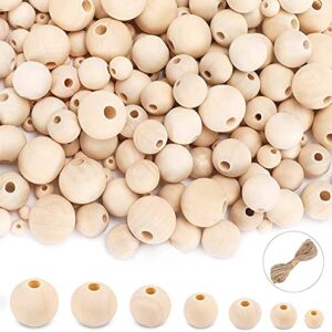 UOONY 800pcs Wooden Beads for Crafts 7 Sizes Unfinished Natural Wood Beads Wooden Beads Bulk 6mm, 8mm, 10mm, 12mm, 14mm, 16mm, 20mm Beads for Garland Macrame Jewelry Making DIY Farmhouse Decor