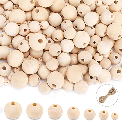 UOONY 800pcs Wooden Beads for Crafts 7 Sizes Unfinished Natural Wood Beads Wooden Beads Bulk 6mm, 8mm, 10mm, 12mm, 14mm, 16mm, 20mm Beads for Garland Macrame Jewelry Making DIY Farmhouse Decor