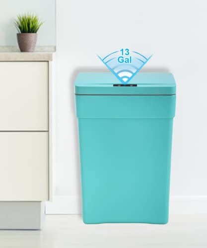 13 Gallon 50L Touch Free Automatic Trash Can High Capacity Plastic Garbage Can Trash Bin with Lid for Kitchen Living Room Office Bathroom, Electronic Touchless Motion Sensor Automatic Trash Can, Blue