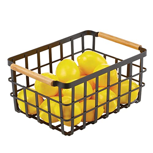 mDesign Metal Wire Food Organizer Storage Bin Basket with Bamboo Handles for Kitchen Cabinets/Pantry Organizing - Farmhouse Decor - Yami Collection - Matte Black/Natural