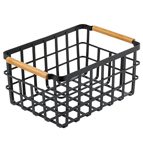 mDesign Metal Wire Food Organizer Storage Bin Basket with Bamboo Handles for Kitchen Cabinets/Pantry Organizing - Farmhouse Decor - Yami Collection - Matte Black/Natural