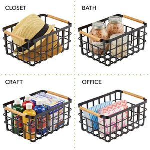 mDesign Metal Wire Food Organizer Storage Bin Basket with Bamboo Handles for Kitchen Cabinets/Pantry Organizing - Farmhouse Decor - Yami Collection - Matte Black/Natural