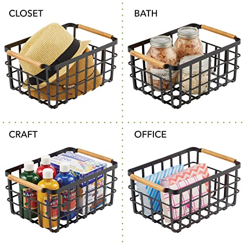 mDesign Metal Wire Food Organizer Storage Bin Basket with Bamboo Handles for Kitchen Cabinets/Pantry Organizing - Farmhouse Decor - Yami Collection - Matte Black/Natural