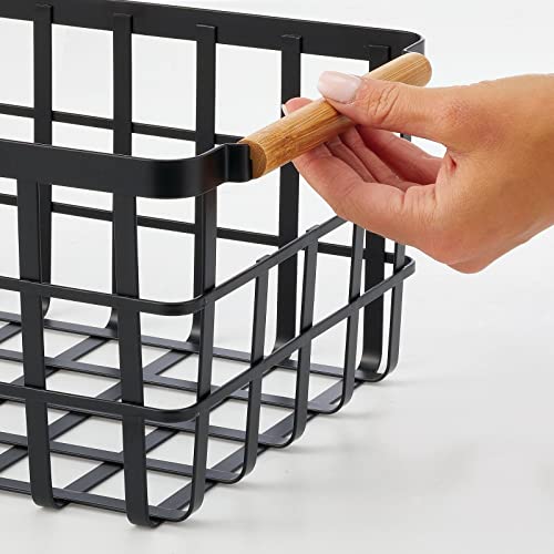 mDesign Metal Wire Food Organizer Storage Bin Basket with Bamboo Handles for Kitchen Cabinets/Pantry Organizing - Farmhouse Decor - Yami Collection - Matte Black/Natural