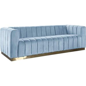 meridian furniture marlon collection modern | contemporary velvet upholstered sofa with deep channel tufting, stainless steel base in a brushed gold finish, 86.5" w x 34" d x 28" h, sky blue