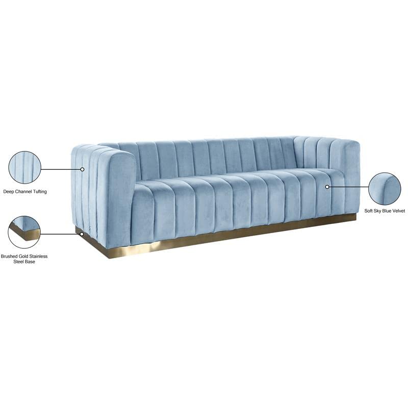 Meridian Furniture Marlon Collection Modern | Contemporary Velvet Upholstered Sofa with Deep Channel Tufting, Stainless Steel Base in a Brushed Gold Finish, 86.5" W x 34" D x 28" H, Sky Blue