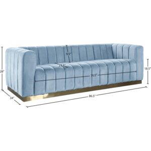 Meridian Furniture Marlon Collection Modern | Contemporary Velvet Upholstered Sofa with Deep Channel Tufting, Stainless Steel Base in a Brushed Gold Finish, 86.5" W x 34" D x 28" H, Sky Blue