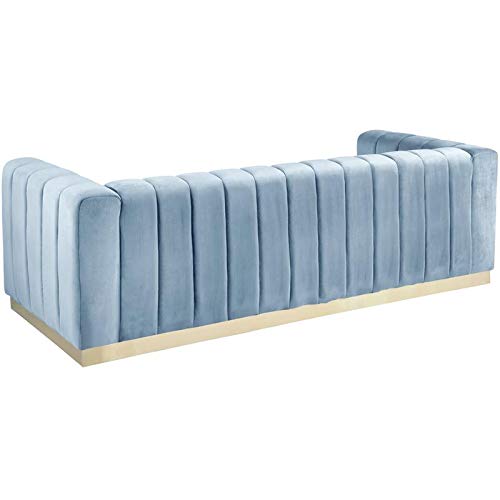 Meridian Furniture Marlon Collection Modern | Contemporary Velvet Upholstered Sofa with Deep Channel Tufting, Stainless Steel Base in a Brushed Gold Finish, 86.5" W x 34" D x 28" H, Sky Blue