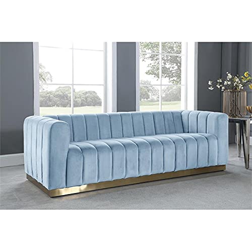 Meridian Furniture Marlon Collection Modern | Contemporary Velvet Upholstered Sofa with Deep Channel Tufting, Stainless Steel Base in a Brushed Gold Finish, 86.5" W x 34" D x 28" H, Sky Blue