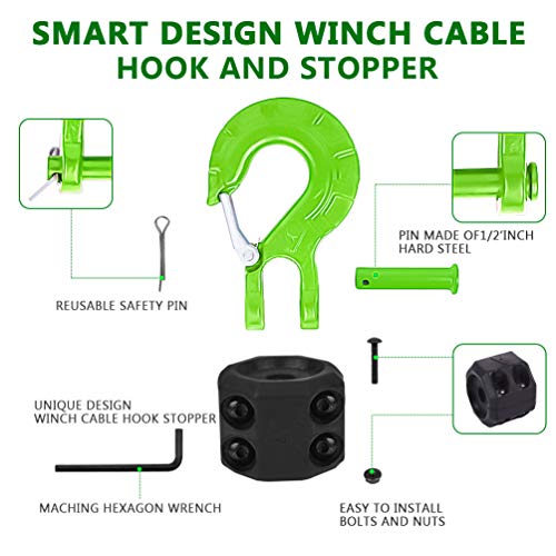 AMBULL Heavy Duty Forged Steel 3/8" Grade 70 Safety Latch Winch Cable Hook Stopper & Clevis Slip Hook Sets, Included Allen Wrench,Max 35,000 lbs, Green