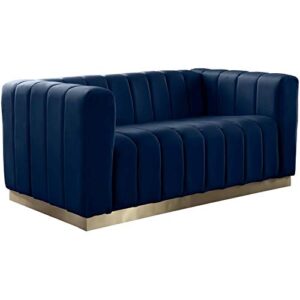 meridian furniture marlon collection modern | contemporary velvet upholstered loveseat with deep channel tufting, stainless steel base in a brushed gold finish, 62.5" w x 34" d x 28" h, navy