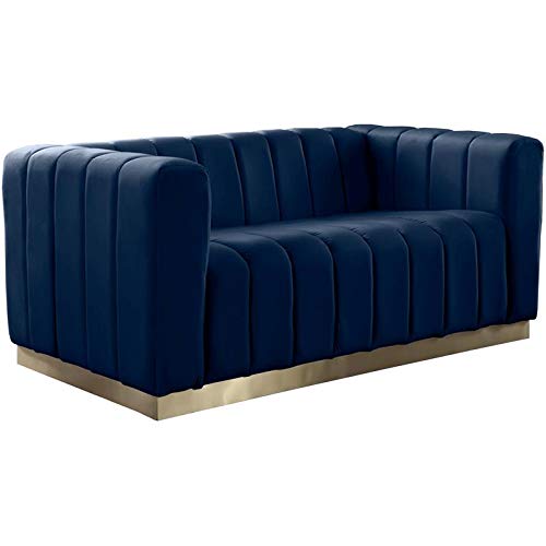 Meridian Furniture Marlon Collection Modern | Contemporary Velvet Upholstered Loveseat with Deep Channel Tufting, Stainless Steel Base in a Brushed Gold Finish, 62.5" W x 34" D x 28" H, Navy