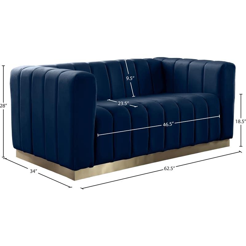 Meridian Furniture Marlon Collection Modern | Contemporary Velvet Upholstered Loveseat with Deep Channel Tufting, Stainless Steel Base in a Brushed Gold Finish, 62.5" W x 34" D x 28" H, Navy