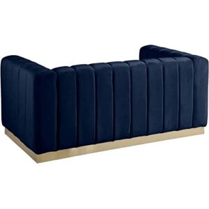 Meridian Furniture Marlon Collection Modern | Contemporary Velvet Upholstered Loveseat with Deep Channel Tufting, Stainless Steel Base in a Brushed Gold Finish, 62.5" W x 34" D x 28" H, Navy