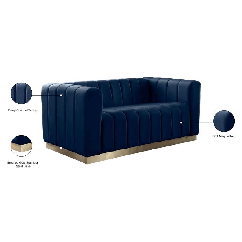 Meridian Furniture Marlon Collection Modern | Contemporary Velvet Upholstered Loveseat with Deep Channel Tufting, Stainless Steel Base in a Brushed Gold Finish, 62.5" W x 34" D x 28" H, Navy