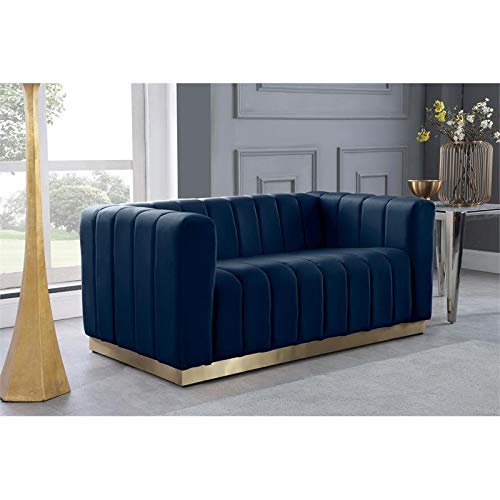 Meridian Furniture Marlon Collection Modern | Contemporary Velvet Upholstered Loveseat with Deep Channel Tufting, Stainless Steel Base in a Brushed Gold Finish, 62.5" W x 34" D x 28" H, Navy