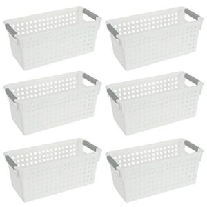bekith 6 pack plastic storage basket, slim white organizer tote bin shelf baskets for closet organization, de-clutter, accessories, toys, cleaning products