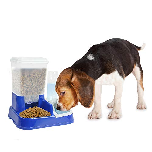 PAWISE Pet Feeder Food and Water Dispenser Dog 2 in 1 Self-Feeding Bowl Cat Automatic Feeder,Durable Plastic Pet Food Bowl for Small Medium Cats, Dogs, 5L Capacity