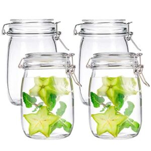 kingrol 4 pack 34 ounces glass jars, wide mouth storage canister jars with bail and trigger clamp lids for pickling, preserving, canning, dry food storage (round)