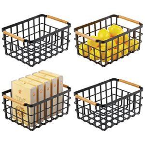 mdesign metal wire food organizer storage bin basket with bamboo handles for kitchen cabinets/pantry organizing - farmhouse decor - yami collection - 4 pack - matte black/natural