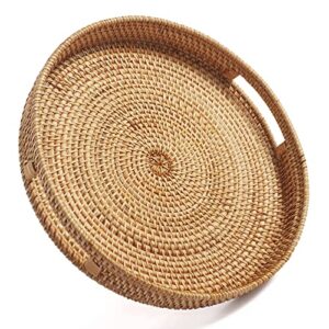 decrafts coffee table tray round rattan ottoman tray woven serving trays with handles for home and kitchen decorative natural (large 14 inch x 2.8 inch)