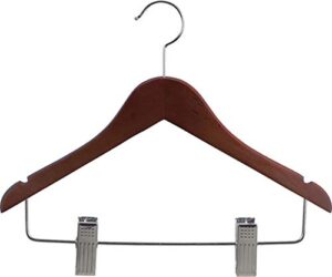 junior walnut finish wood combo hanger with clips and notches in 14" length x 7/16" thick with chrome hardware, box of 25