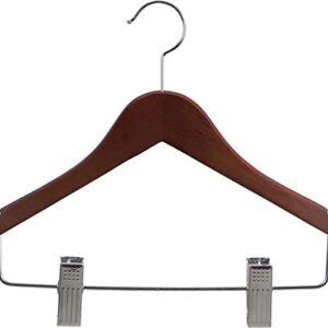 Junior Walnut Finish Wood Combo Hanger with Clips and Notches in 14" Length X 7/16" Thick with Chrome Hardware, Box of 25
