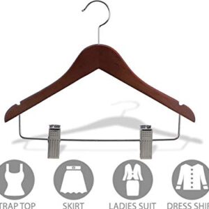 Junior Walnut Finish Wood Combo Hanger with Clips and Notches in 14" Length X 7/16" Thick with Chrome Hardware, Box of 25