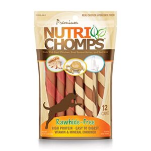 nutrichomps dog chews, 5-inch twists, easy to digest, rawhide-free dog treats, 12 count, real chicken, peanut butter and milk flavors