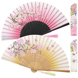 zolee 2 pieces small folding hand fans - chinese japanese vintage bamboo silk fans - for dance, performance, decoration, wedding, party，gift (0301)