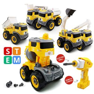 qun feng toy trucks with electric drill take apart toys 6 in 1 dump trucks excavator toy transformer remote control for 3 years old boys