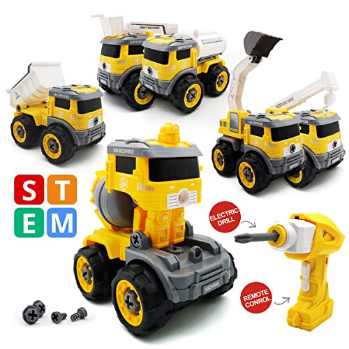 QUN FENG Toy Trucks with Electric Drill Take Apart Toys 6 in 1 Dump Trucks Excavator Toy Transformer Remote Control for 3 Years Old Boys