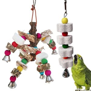 kathson parrot chewing toy bird cuttlebone toys parakeet beak grinding stone hanging bird toys with bell natural mineral lava blocks chew toys for budgie cockatiel conure african grey（2 pack）
