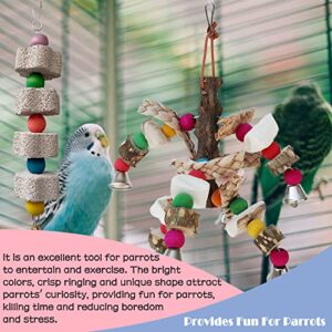 kathson Parrot Chewing Toy Bird Cuttlebone Toys Parakeet Beak Grinding Stone Hanging Bird Toys with Bell Natural Mineral Lava Blocks Chew Toys for Budgie Cockatiel Conure African Grey（2 Pack）