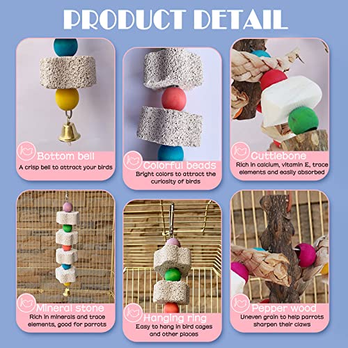 kathson Parrot Chewing Toy Bird Cuttlebone Toys Parakeet Beak Grinding Stone Hanging Bird Toys with Bell Natural Mineral Lava Blocks Chew Toys for Budgie Cockatiel Conure African Grey（2 Pack）