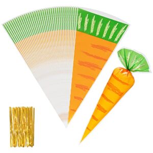 iskybob 100 sheets carrot shape candy bag easter bunny plastic cone cellophane rabbit treat triangle pouch gift wrapper with twist ties for birthday party, baby shower, easter decor