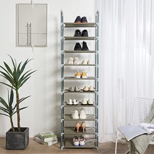 forup 10 tiers stackable shoe rack, adjustable shoe storage organizer shelf, non-woven fabric shoe tower shelf (grey)