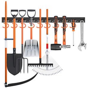 horusdy 64 inch adjustable storage system, wall mount tool organizer, tool hangers for mop and broom holder shovel, rake, broom, mop holder, etc.