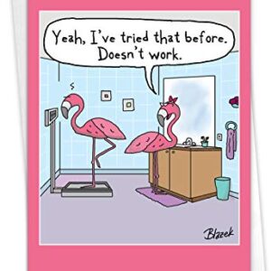 NobleWorks - 1 Funny Women's Birthday Card with Envelope - Cartoon Humor, Stationery Bday Celebration Card for Wife, Women - Flamingo Scale C3370BDG