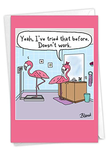 NobleWorks - 1 Funny Women's Birthday Card with Envelope - Cartoon Humor, Stationery Bday Celebration Card for Wife, Women - Flamingo Scale C3370BDG