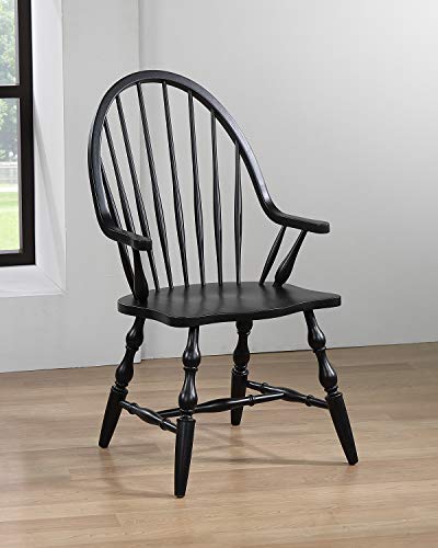 Sunset Trading Windsor Dining Chair with Arms, Antique Black with Cherry Rub (DLU-C30A-AB-2)